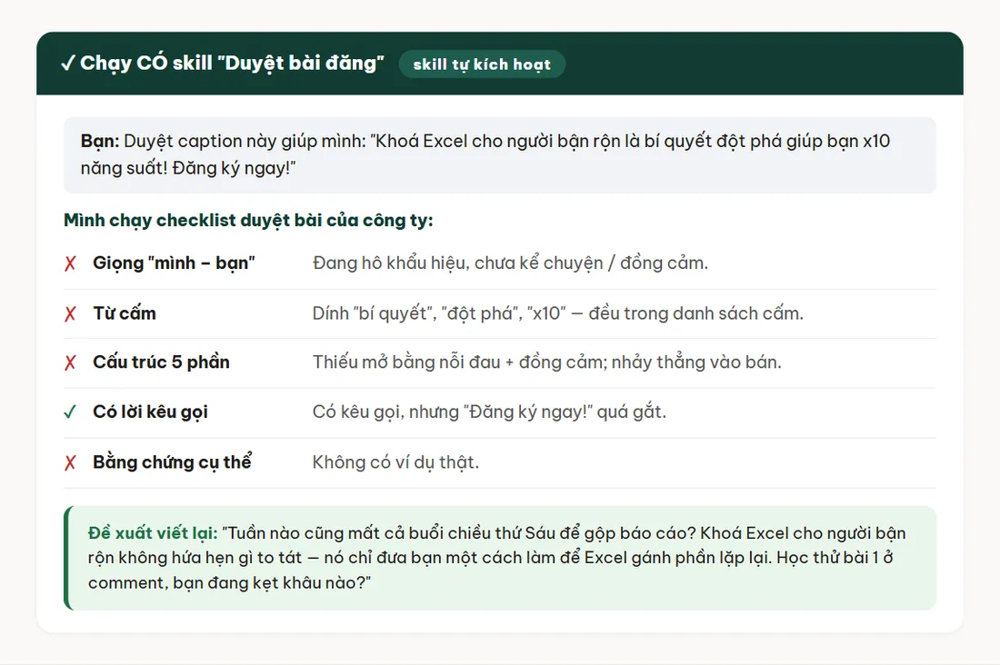 Có kỹ năng Duyệt bài đăng: trợ lý chạy đúng checklist và đề xuất viết lại