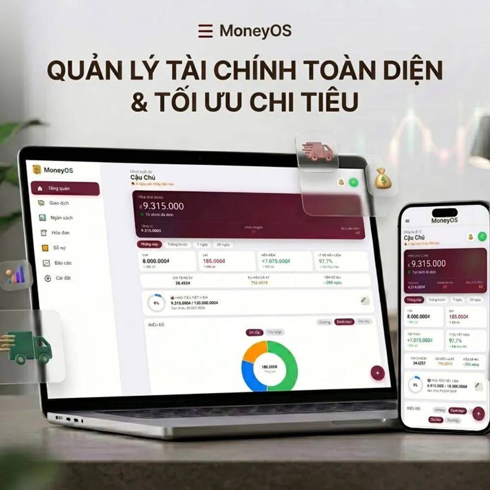 Giao diện MoneyOS trên laptop và điện thoại