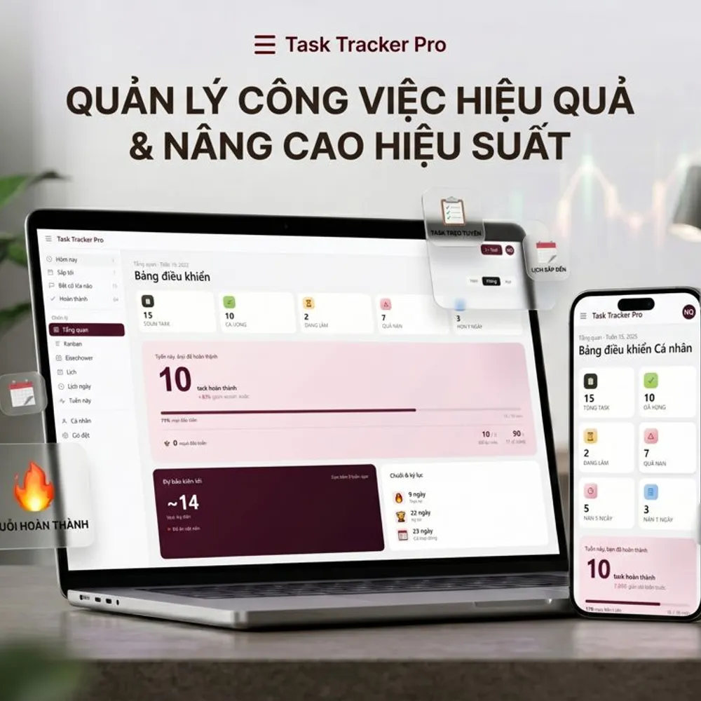 Giao diện Task Tracker Pro trên laptop và điện thoại